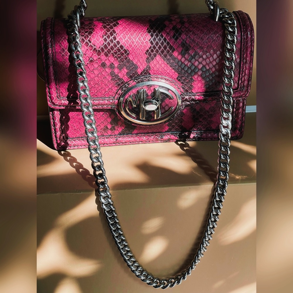 Authentic Kors Collection Monogramme Mini Snake Embossed Leather Chain Crossbody